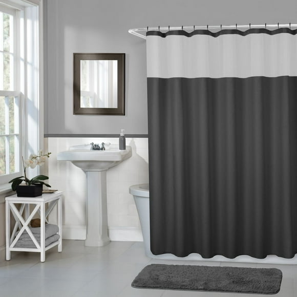 Home Trends Smart Curtains Hendrix Fabric Shower Curtain with Attached Roller Glide Hooks, 70 Inches x 72 Inches, Black