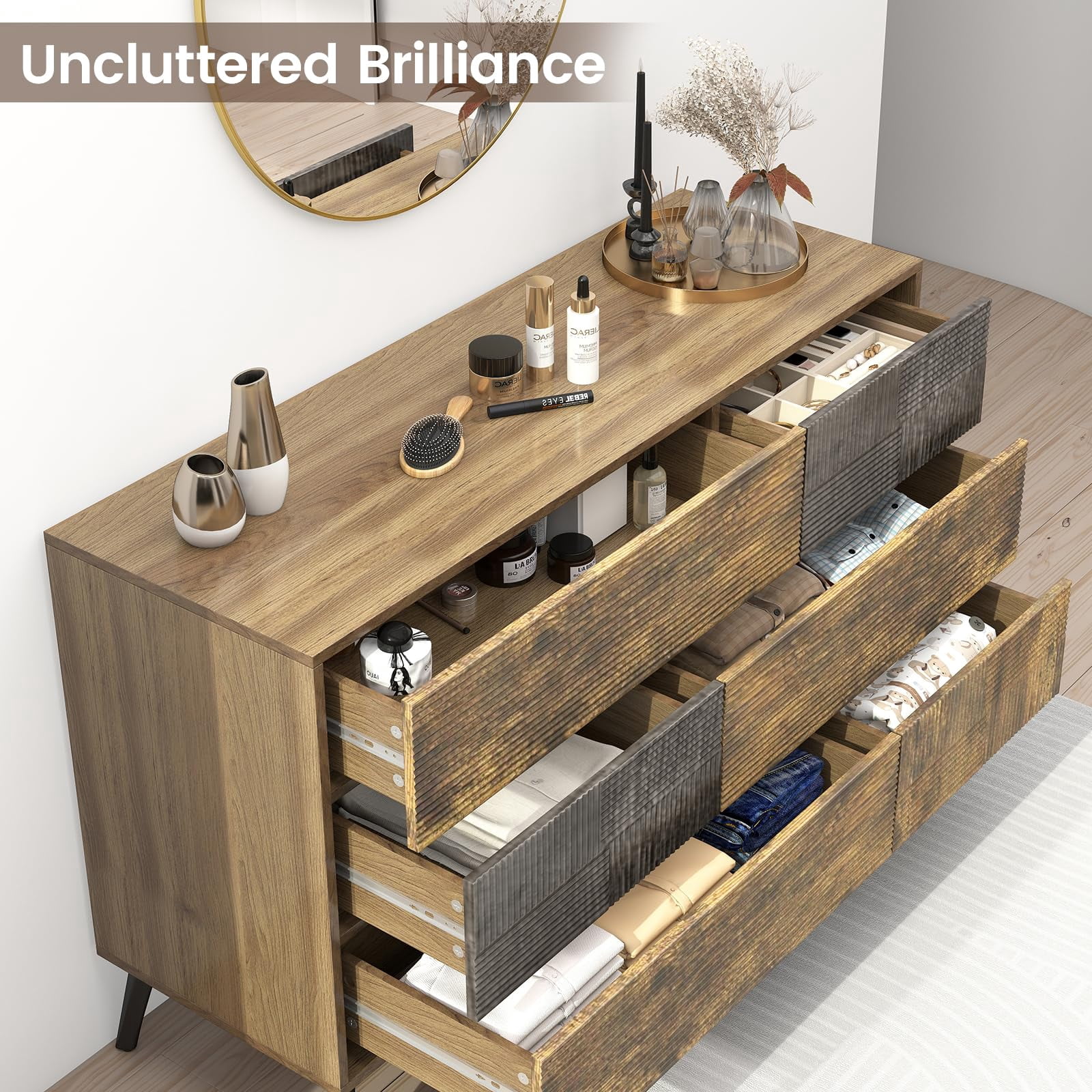 Danpinera Home 6-Drawer Fluted Dresser, 47” Wide Handleless Chest with Wood Finish, Rustic Brown Modern Storage Cabinet for Bedroom or Hallway
