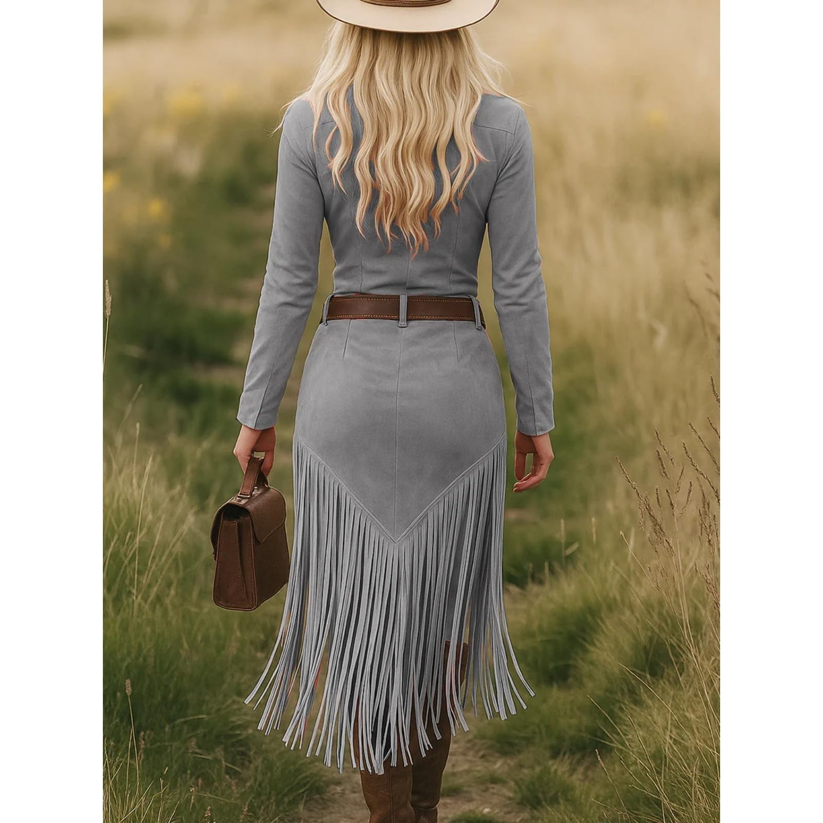 Women's Western Cowgirl Suede Dress Vintage Long Sleeve Slim Fit Fringe Dress Zip Collared Vacation Outfits without Belt