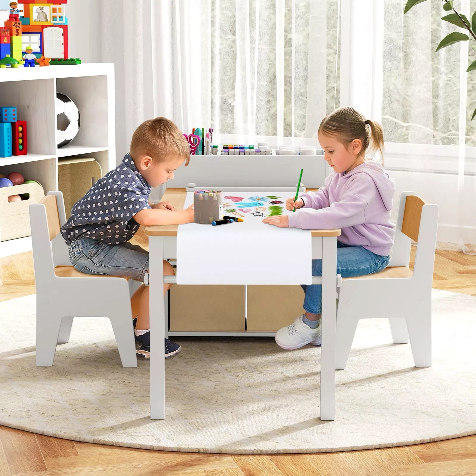 Auranook Kids Art Table and Chairs Set, Drawing Table with 2 Chairs, Storage Compartments & Open Shelves, 4 Fabric Bins