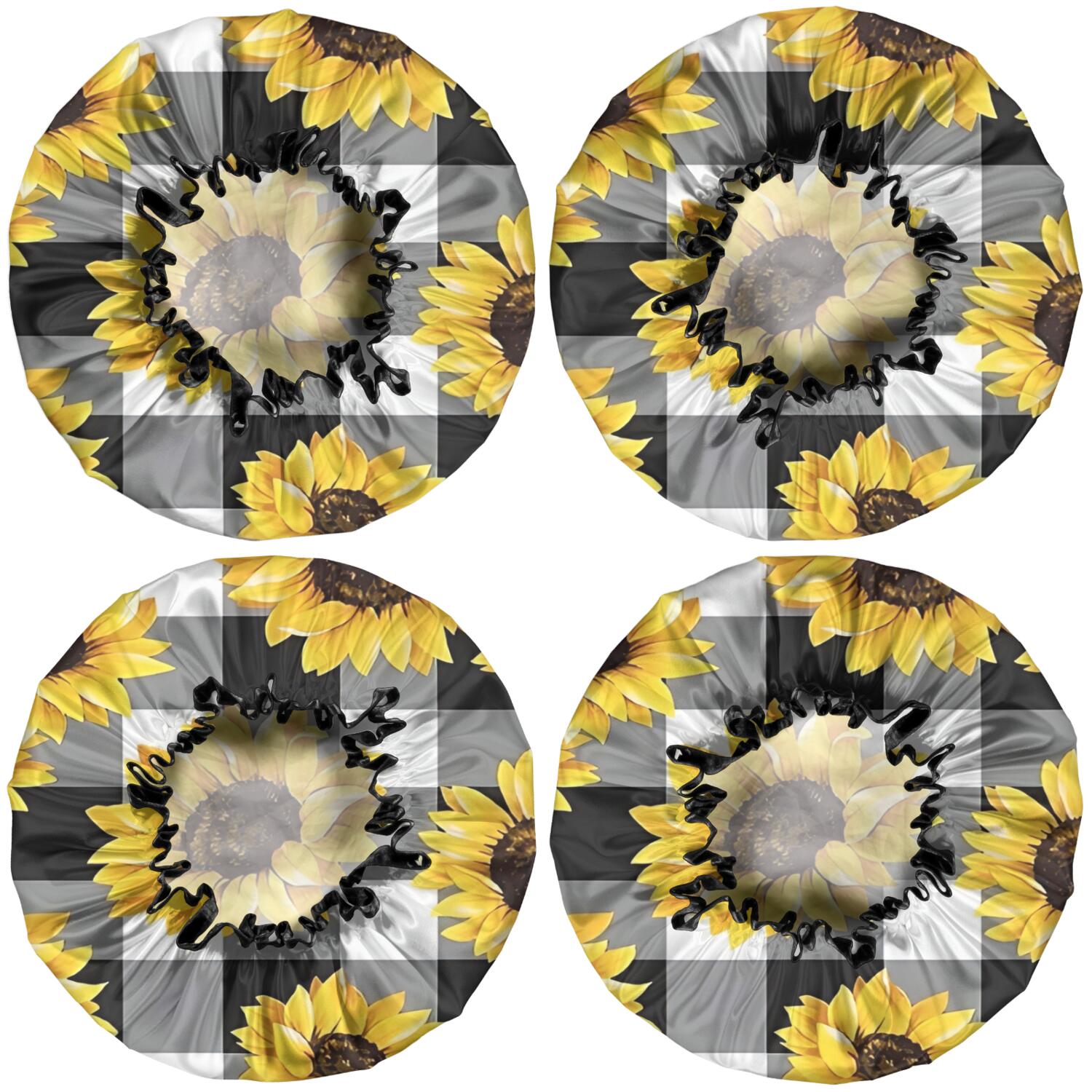 Shower Caps,Black White Gray Checker Sunflower Pattern Waterproof Shower Cap for Women 4 Pieces,Double Reusable Hair Cover for Shower PEVA Elastic Stretch Hem