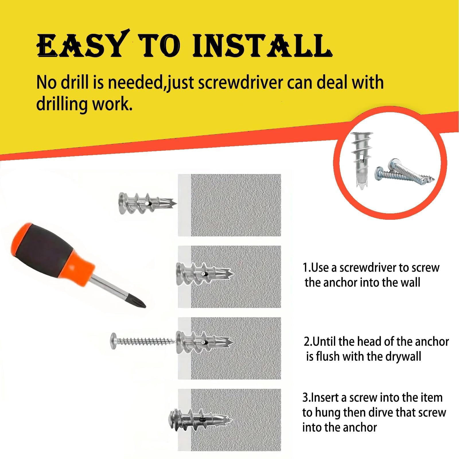 100PCS Zinc Self-Drilling Drywall Anchors, 50 Heavy Duty Hollow Metal Wall Anchors and 50#8 x 1-1/4'' Screws, Sheetrock Anchors and Screws Kit (White)