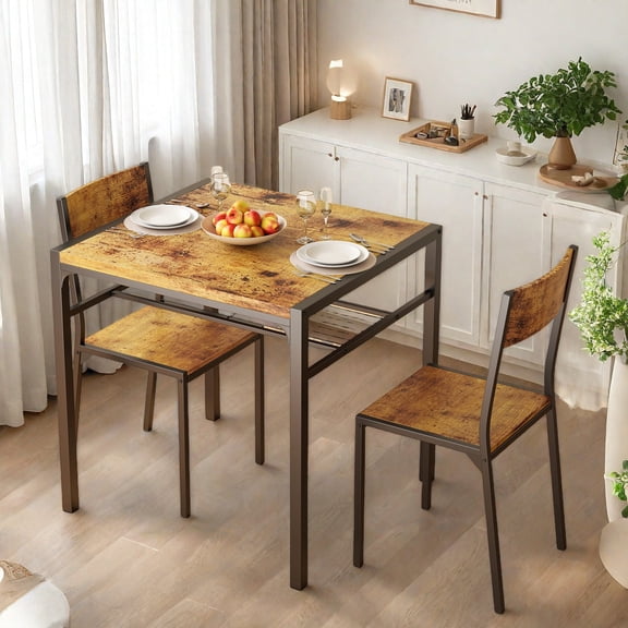 Dining Table Set for 2,Lofka 3 Piece Small Kitchen set,Breakfast Table with Storage & 2 Chairs for Small Spaces,Dorms,Coffee Bar Corner,Retro Brown