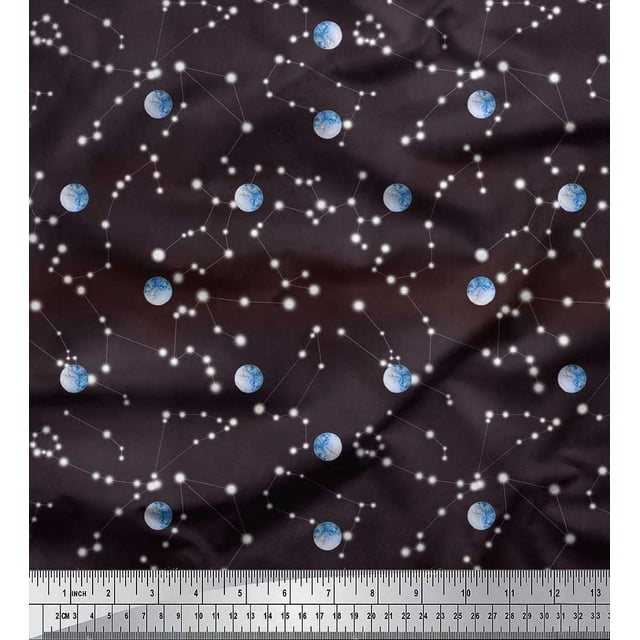 Soimoi Poly Georgette Fabric Moon & Galaxy Printed Fabric 1 Yard 52 Inch Wide