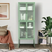 DeeHome Stylish 4-Door Tempered Glass Cabinet with 4 Glass Doors Adjustable Shelves U-Shaped Leg Anti-Tip Dust-free Fluted Glass Kitchen Credenza Light Green