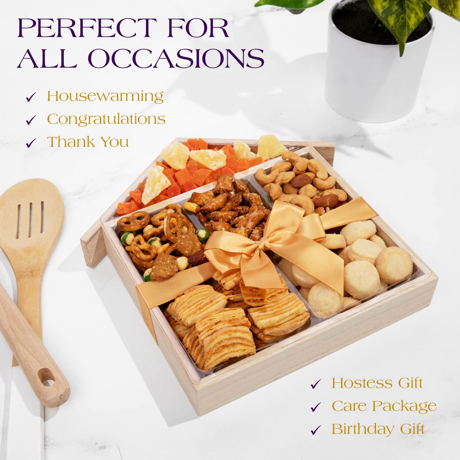 Purple Plum Housewarming Snack Box Care Package with Dried Fruit, Mixed Nuts & Cookies