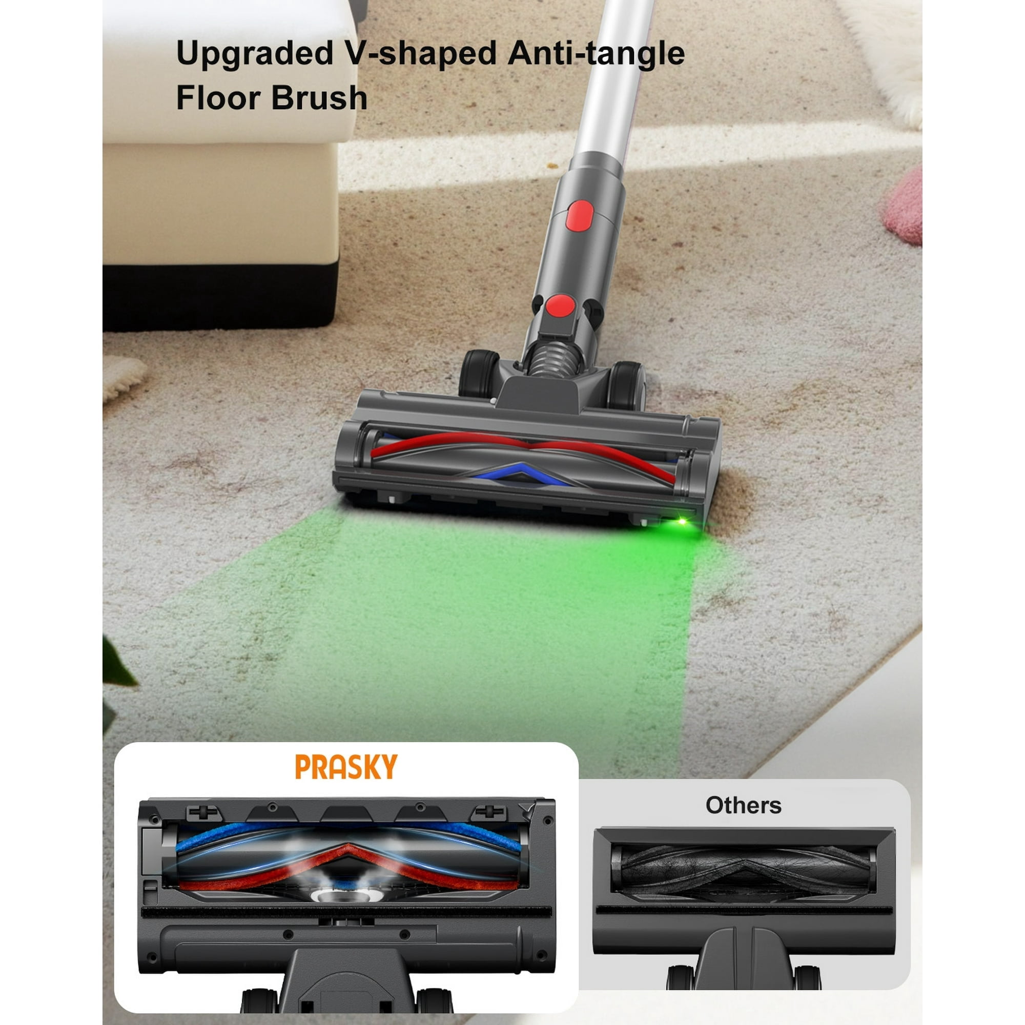PRASKY Cordless Stick Vacuum Cleaner Adjustable Length Lightweight for Carpet Hard Floor Pet Hair