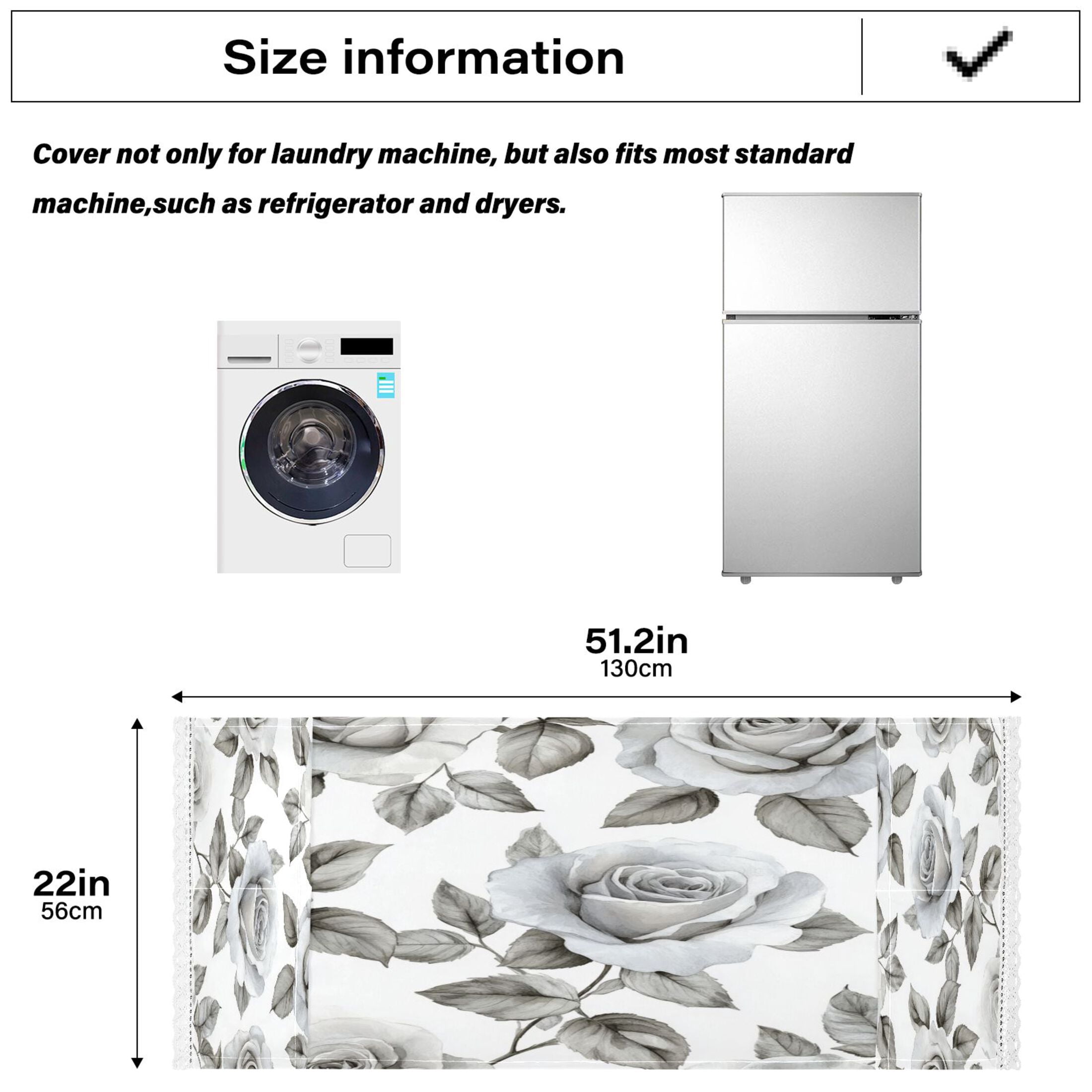WOBOGO Rose Pattern in Gray and White Tones Washing Machine Cloth Dryer Refrigerator Top Cover Protective Non-Slip Mat For Kitchen Laundry