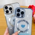 thumbnail image 3 of Magnetic Glitter for iPhone 16 Pro Max [ Compatible with MagSafe ], Luxury Love Heart Pattern Plating Bling Clear Case,Camera Protection Sparkly Slim Soft Back Cover for Women Girls,Blue, 3 of 12