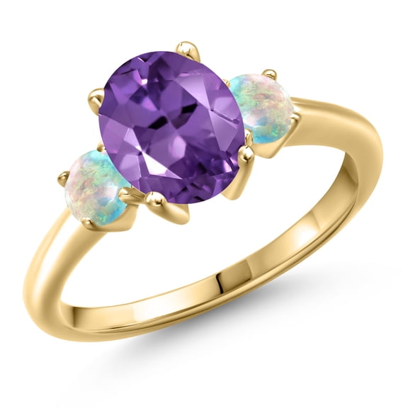 Gem Stone King 10K Yellow Gold Purple Amethyst and Simulated White Opal Engagement Ring for Women | 2.10 Cttw | Oval 9X7MM | Gemstone February Birthstone | Size 9