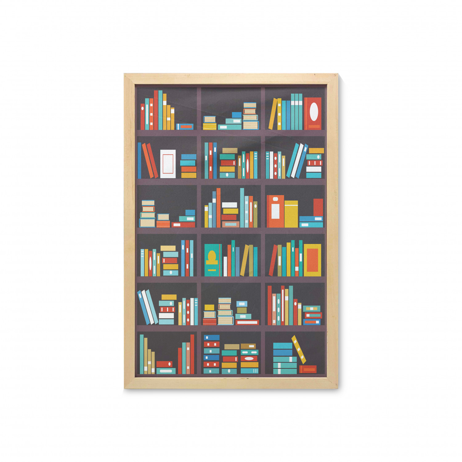 Bookshelf Wall Art with Frame, Library Themed Cartoon with Shelves Full of Books Study Print