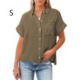 thumbnail image 3 of Qarigey Blusa de manga corta para mujer, Color sólido, holgada, con cuello en V, para diario, fiesta, playa, vacaciones, ropa de moda, Top de verano Prendas para la parte del cuerpo Verde S Qarigey AP011045-16, 3 of 5