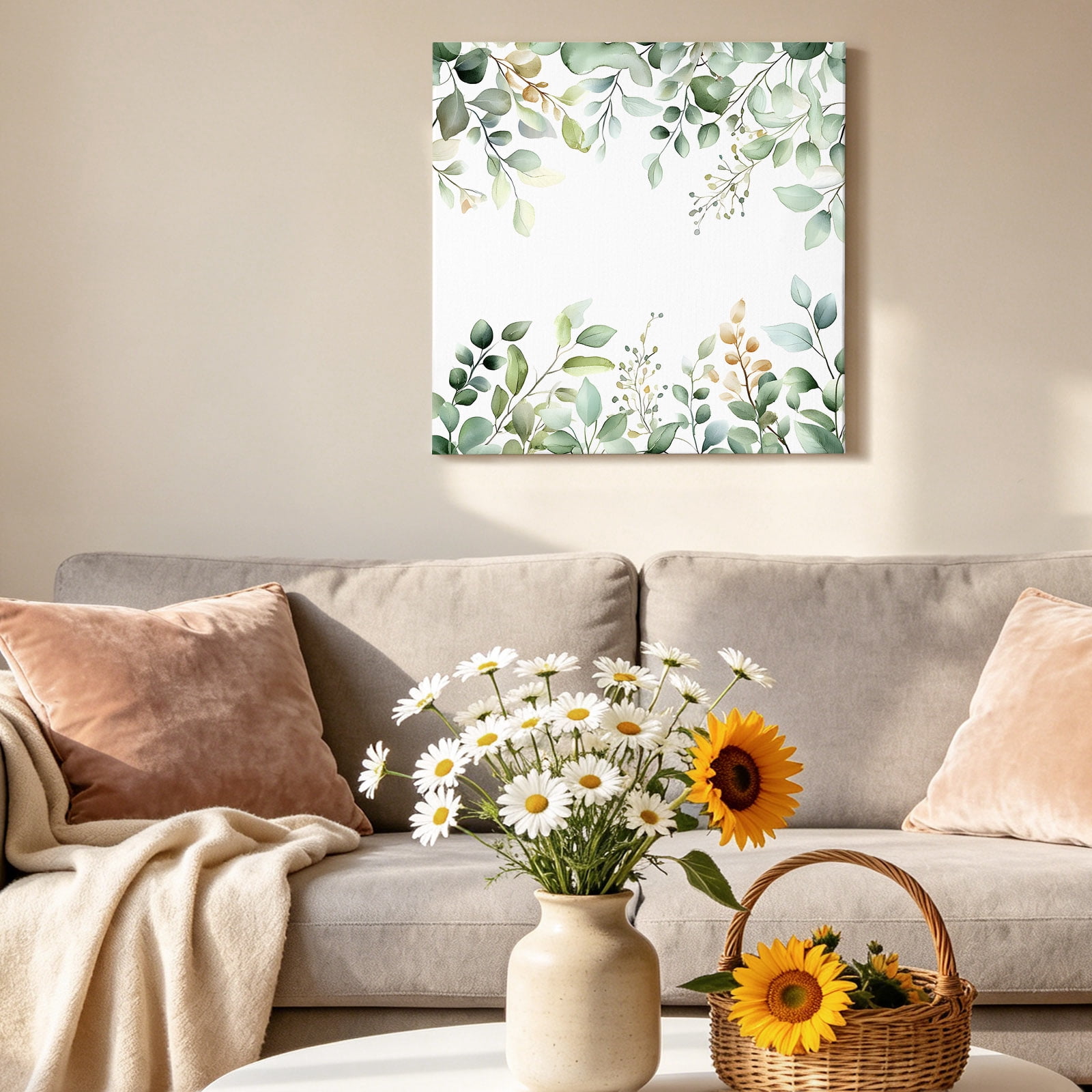 Sage Green Canvas Wall Art for Living Room, Eucalyptus Leaf Watercolor Plants Farmhouse Poster Print Painting for Bedroom Office Home Decoration Wall Pictures Prepare To Hang 16"x16"