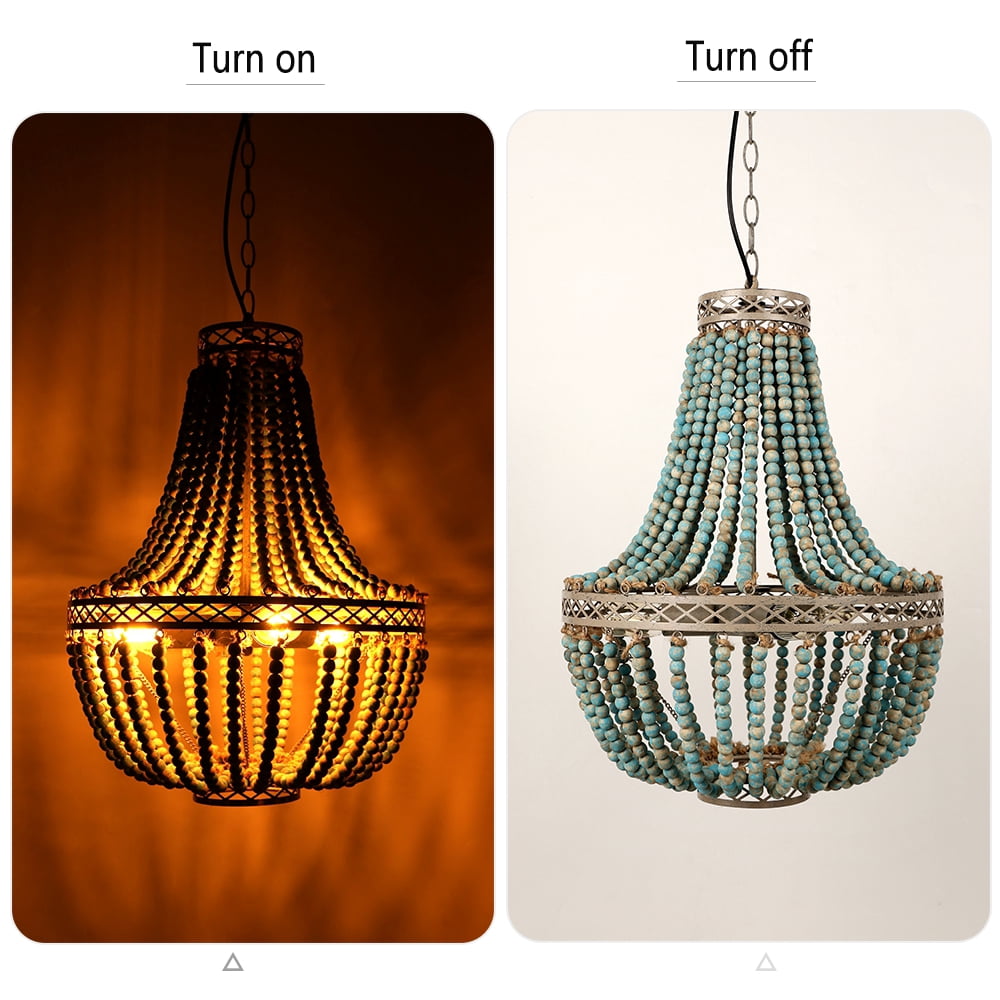 3-light Boho Turquoise Wood Bead Pendant Light, Large Vintage Chandelier, Adjustable Height, 17.32" Diameter (No Bulbs)