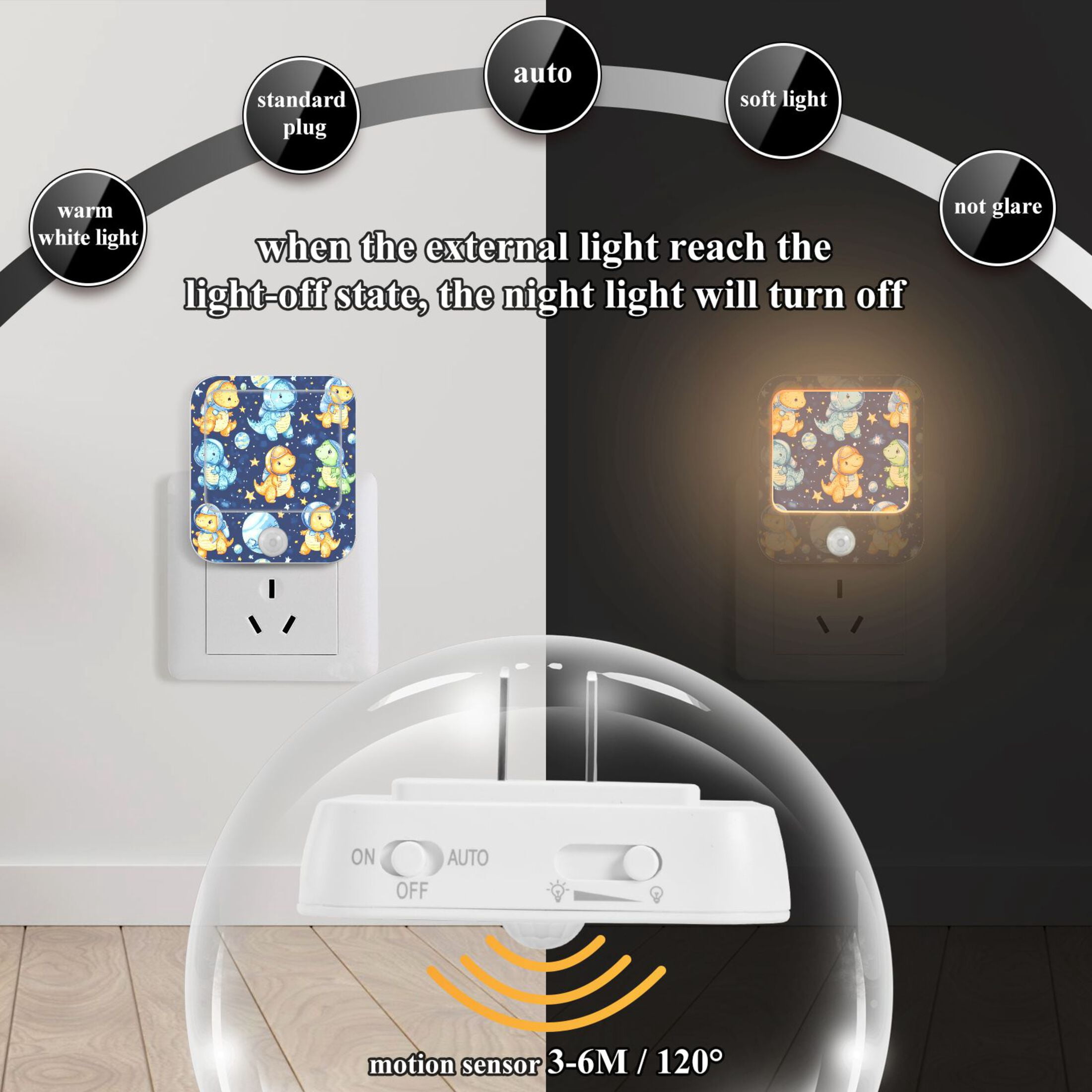 WOBOGO Colorful Dinosaur Patterns Night Light Lamp with Smart Sensor Dusk to Dawn Sensor 0.6W Plug-in 2-Pack