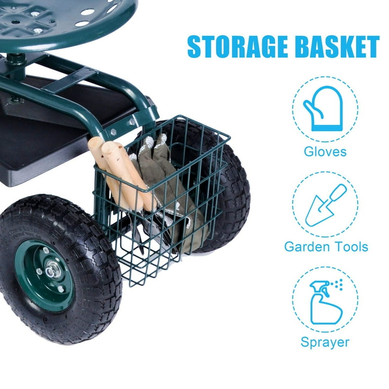 KARMAS PRODUCT Garden Cart with Steerable Seat and Wheels Rolling Work Seat with Telescopic Handle and Tool Storage 330lbs Heavy Duty Scooter Green