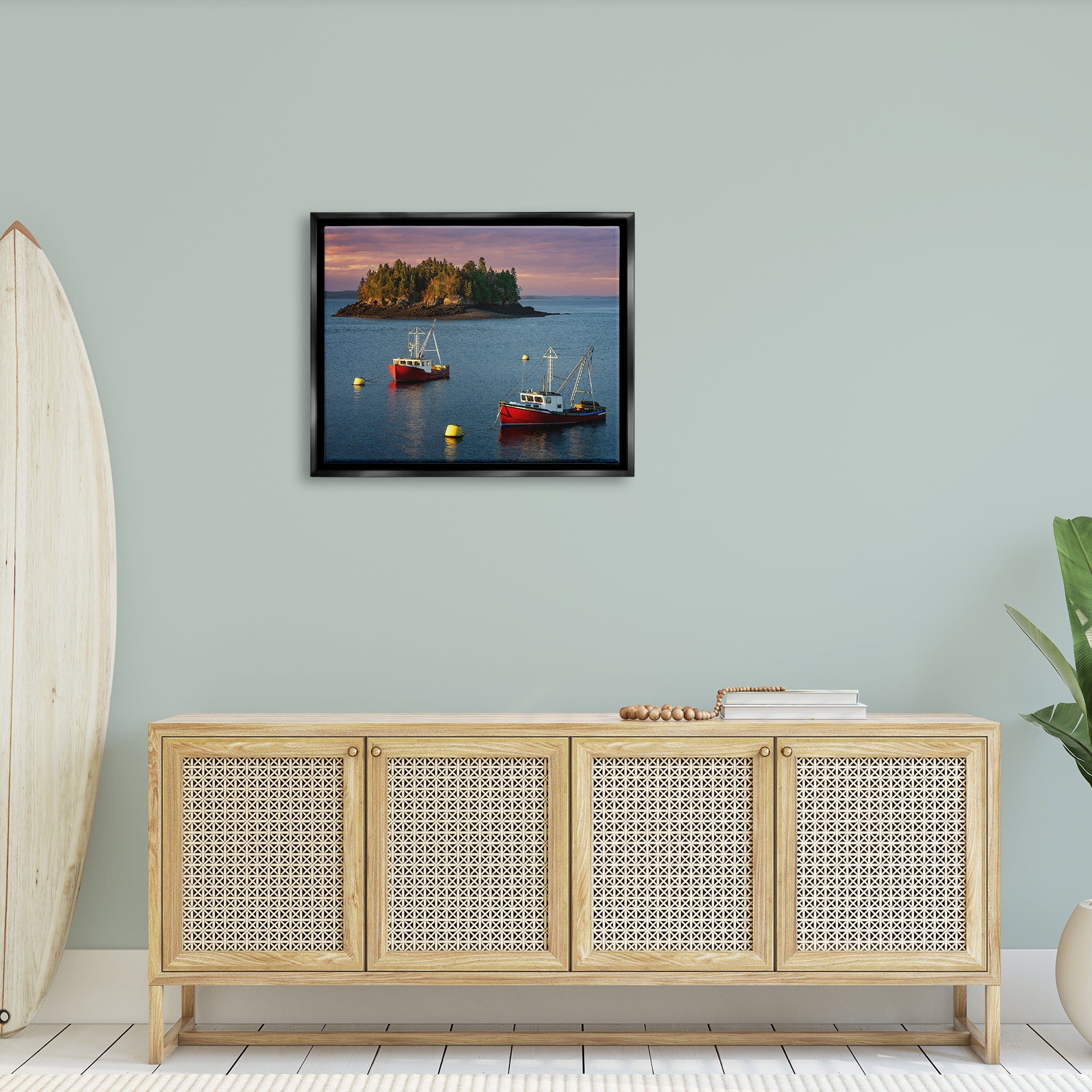 Stupell Boats Sailing Ocean Island Landscape Photography Black Floater Framed Art Print Wall Art