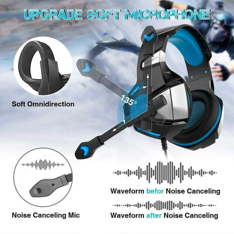 Micolindun Gaming Headset for Xbox One PS4 PC Over Ear Gaming Headphones with Noise Cancelling Mic LED Light Stereo Bass Surround Soft Memory Earmuffs for PS5 Smart Phone Laptops Tablet Blue