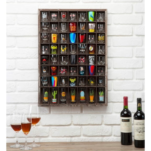 Rustic Wood Shot Glasses Display  56 Compartments Wall Mount Pint Glass Shadow Box Bar Cabinet  Freestanding MK524A