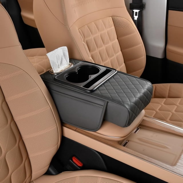 Multifunctional PU Leather Car Mat, Multifunctional PU Leather Car Armrest Box Mat, 5-in-1 Center Console Cover, with Cup Holder, Tissue Slot & Phone Holder for Most Cars (Grey)