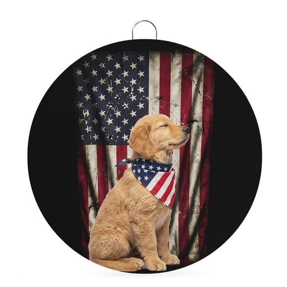 Welcome Sign Front Door Decorations, Memorial Day Round Wall Art Outdoor Metal Wreaths, Patriotic America Flag Golden Retriever Dogs Seasonal Hanging Sign for Home Porch Decor Warming Gift 6 In