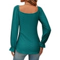 thumbnail image 6 of Hibeli Women Drawstring V Neck Ruffle Long Sleeve Tunic Jacquard Solid Color Top, 6 of 7