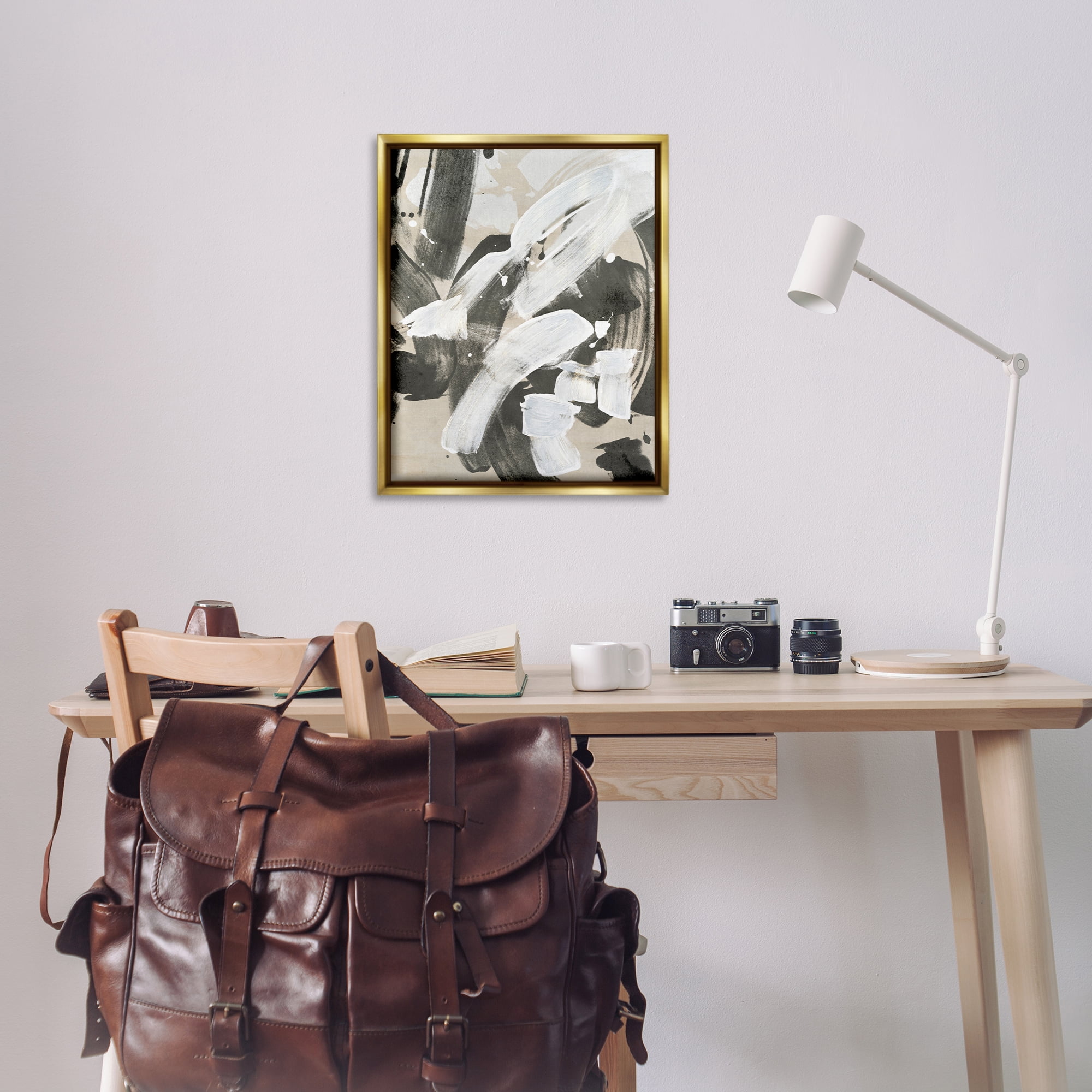 Stupell Industries Modern White Brush Stroke Abstract Painting Gold Floater Framed Canvas Art Print Wall Art, 25 x 31