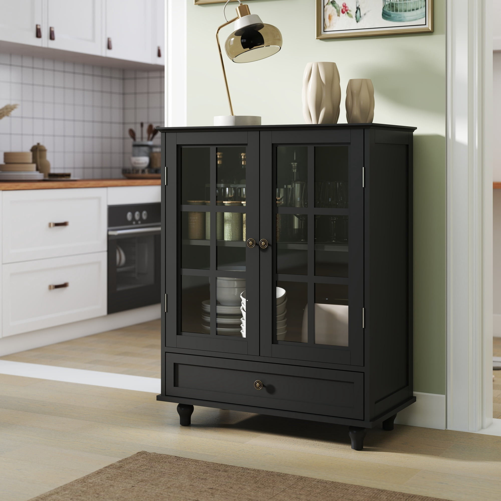 Leumius Minimalist Black Buffet Cabinet with Double Glass Doors and Drawer, Modern Wooden Storage Sideboard Cupboard for Living room Dining Room Hallway Entryway