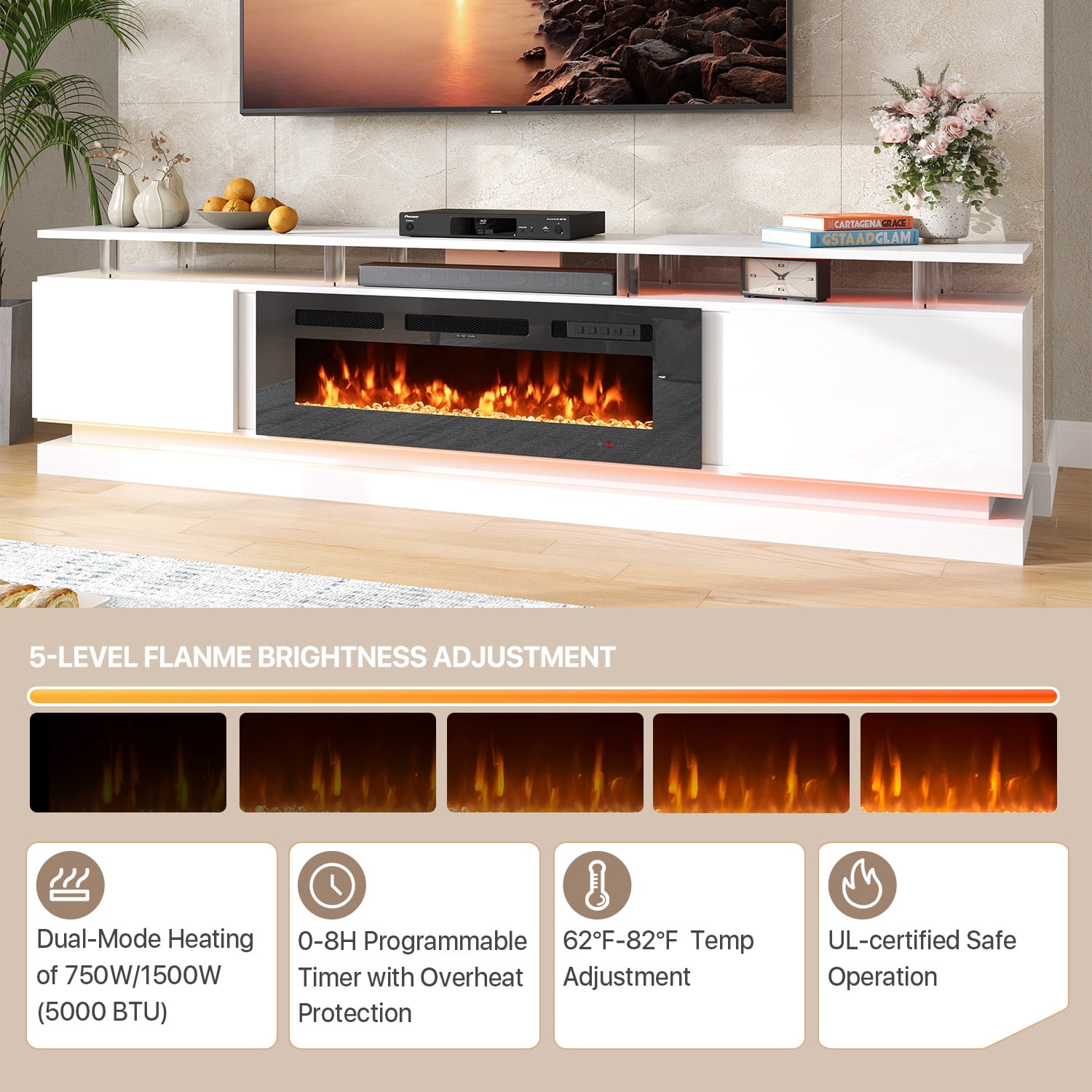 BaPiPro 80" Fireplace TV Stand for TVs up to 90", Modern Entertainment Center TV Console with Storage for Living Room, White TV Stand and Black Fireplace