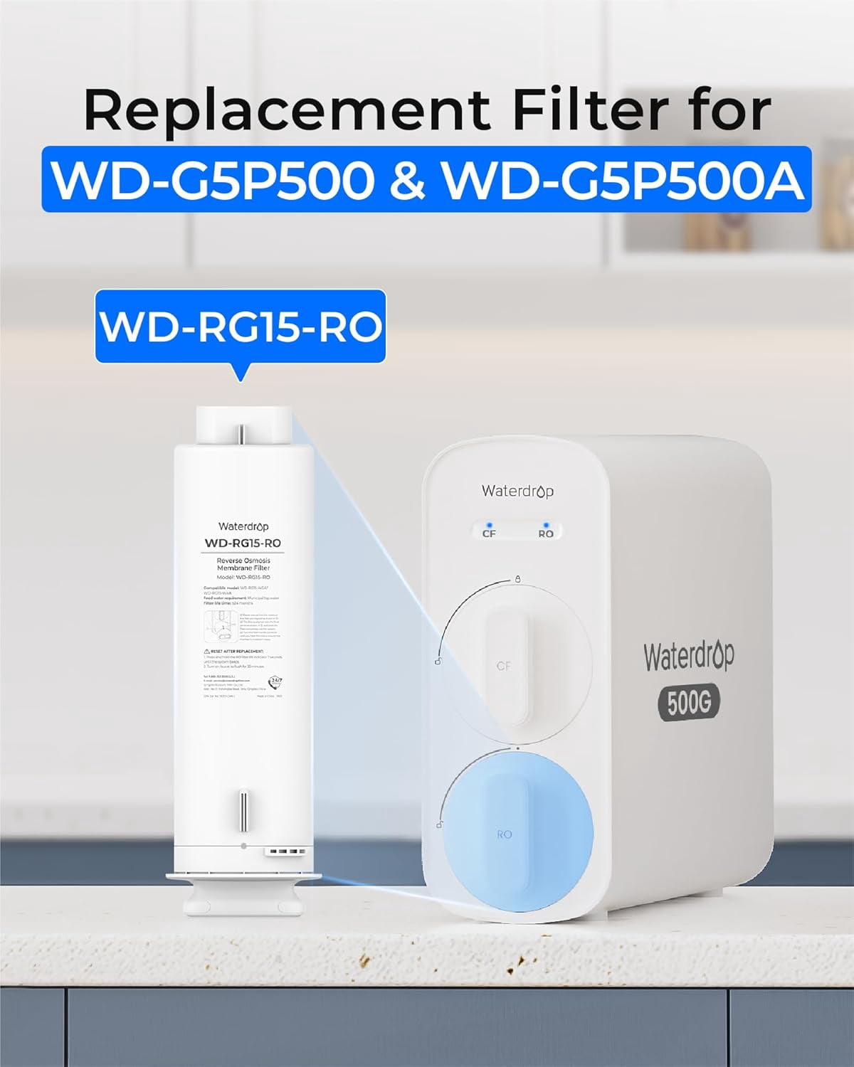 Waterdrop WD-G5P500-RO Filter, Replacement for WD-G5P500 & WD-G5P500A Undersink Reverse Osmosis System, 24-month Lifetime