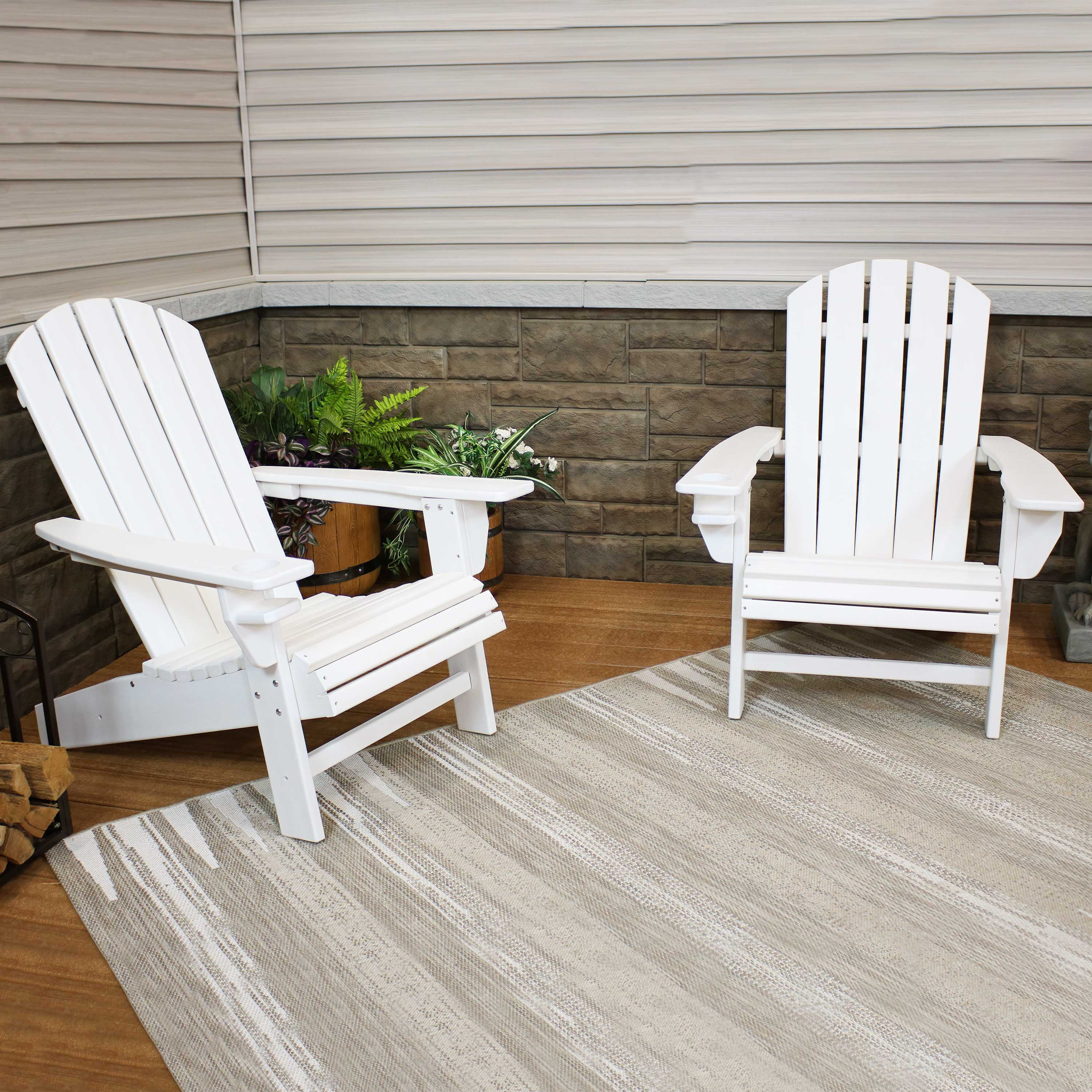 Sunnydaze All-Weather White/Black Outdoor Adirondack Chair with Drink Holder Ideal for Lawn and Around The Firepit Garden Heavy Duty HDPE Weatherproof Patio Chair 