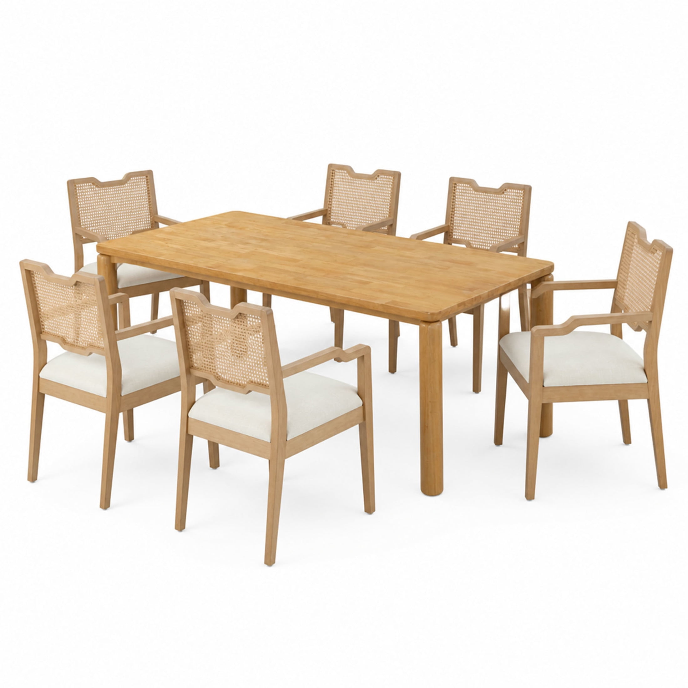 Christopher Knight Home 7-Piece Farmhouse Wood Dining Table with Rattan Arm Chairs Set, Natural+Beige