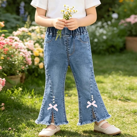 Maqroz Girls Flare Jeans High Waisted Stretchy Denim Bow Decor Bootcut Trousers with Pockets Summer Casual Bottoms back to school pants 6M-5Y
