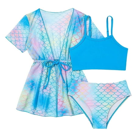 Toimothcn Girls Swimsuits Short Sleeve Casual Fish Scale Printed 3 Piece Bikini Set Quickly Dry Cover Up Swimwear 5-6 Years
