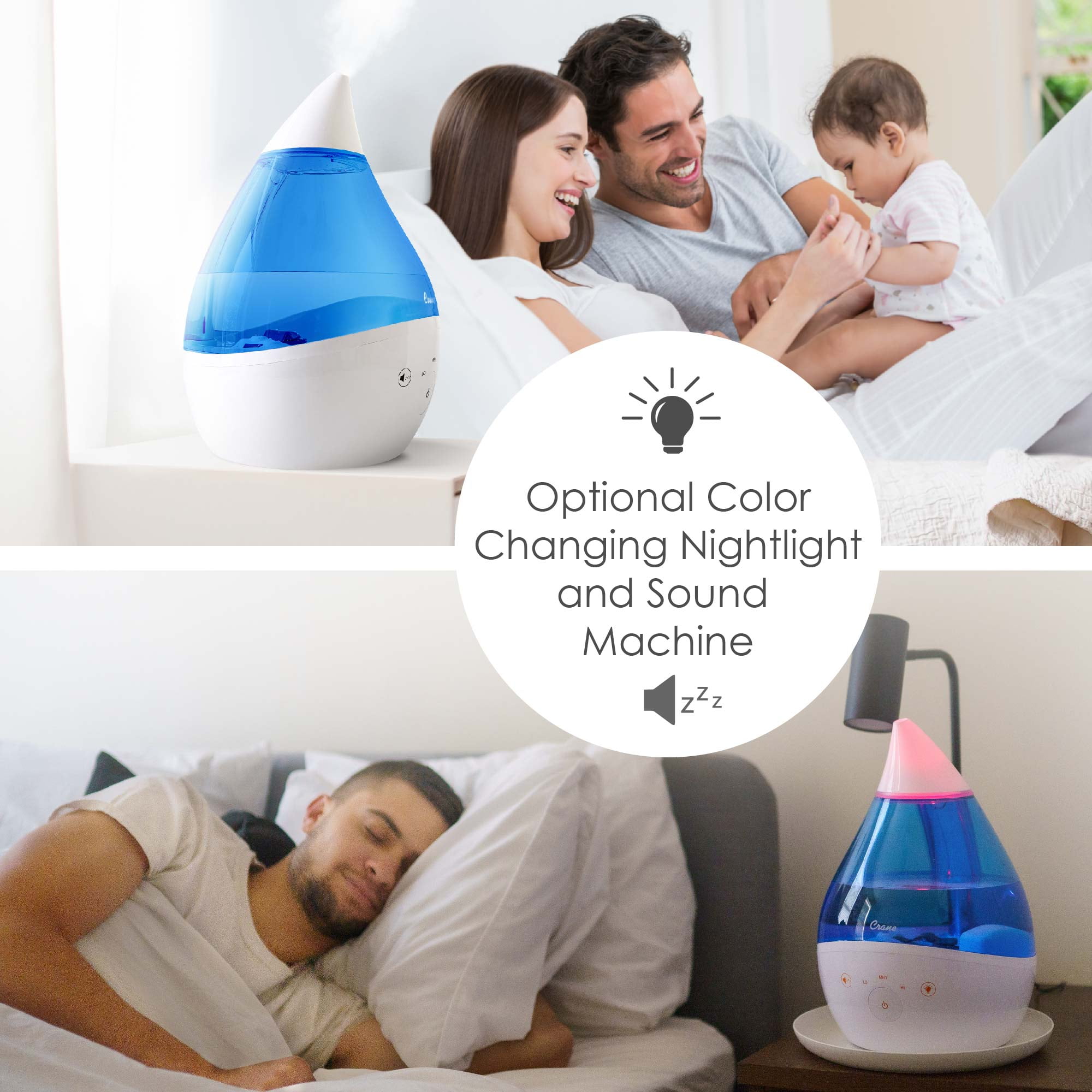 Crane Top Fill Drop 1 Gallon Ultrasonic Cool Mist Humidifier with Sound Machine and Optional Nightlight - Blue & White