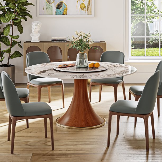 Modern Round Dining Table, Sintered Stone Tabletop with Lazy Susan, 47