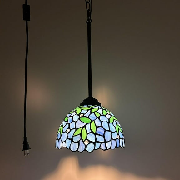 Tiffany Mini Hanging Lights Plug In Blue Stained Glass Green Leaves LED Bulb Included 8”W*8”D*60”H