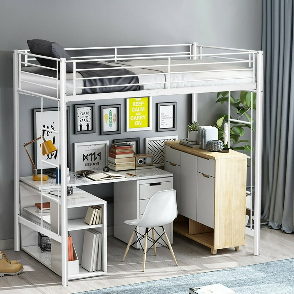 Twin Loft Bed Metal Bunk Ladder Beds For Bedroom Dorm White