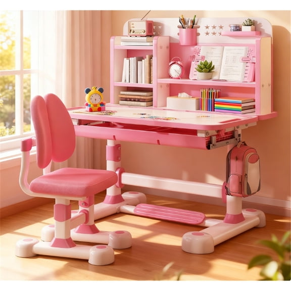 Dapmiu Adjustable Height Desk Chair for Kids 3-18, Scientific Storage with Bookstand & Hooks Pink