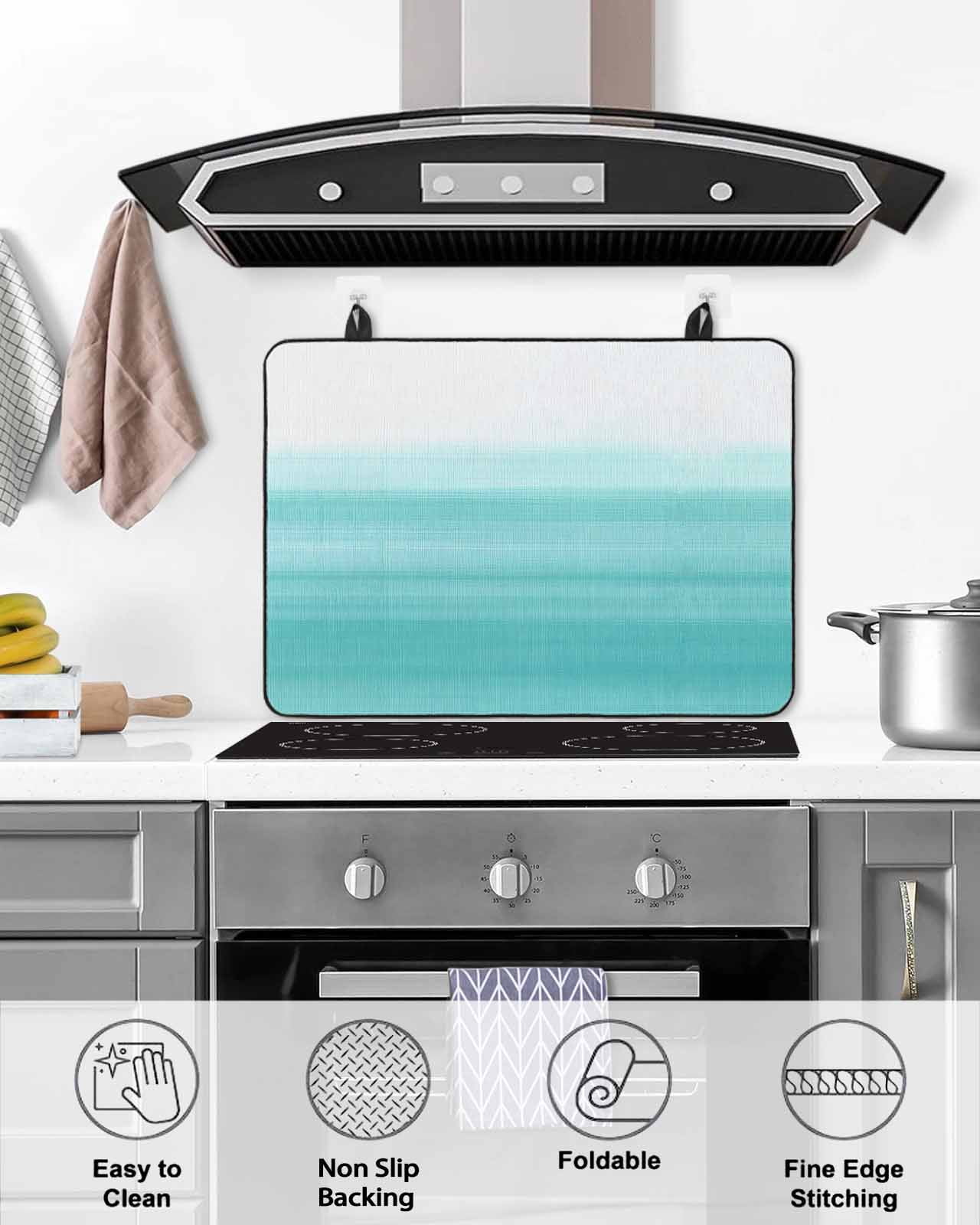 nqOlkjepod Large Induction Cooktop Protector Mat 24"x21", Aqua White Ombre Stove Top Covers for Electric Stove, Chic Modern Funny Abstract Striped Art Stove Burner Cover Mats, Glass Top Stove Cover
