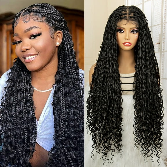32 Inch Long Curly Braided Wigs Box Braiding Wig with Baby Hair Full Lace Frontal Wig Curly Wig with Braids for Women Daily Use