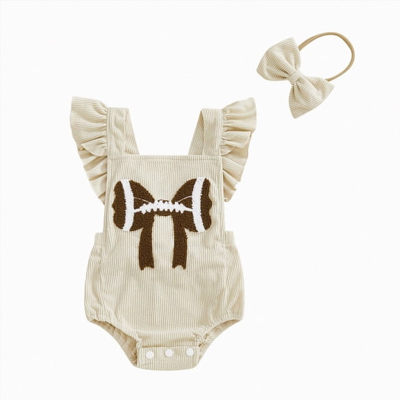 newwalpole Newborn Football Romper Baby Girl Corduroy Overalls Infant Football Onesie Bodysuit Game Day Outfit with Headband (Beige, 3-6 Months)