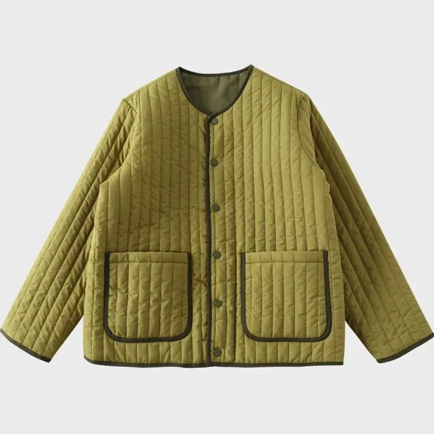 Abrigo de algodón de rayas verticales finas japonesas de otoño e invierno sin cuello de doble cara para hombre y mujer