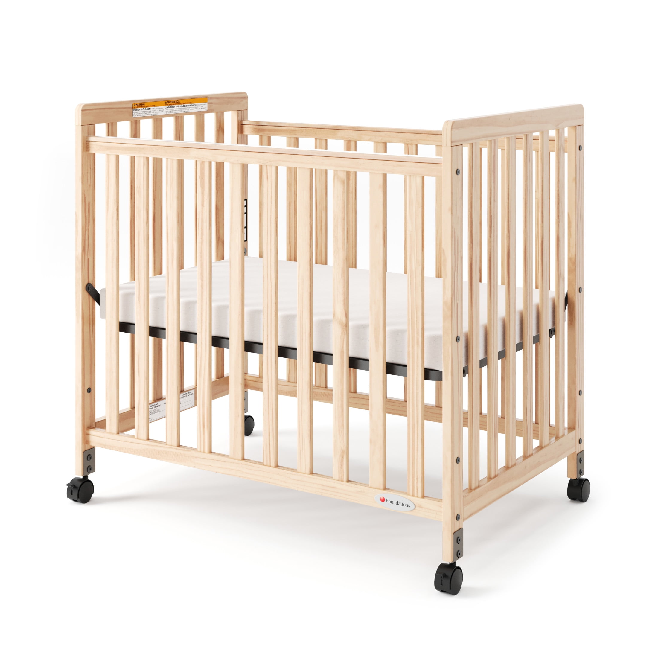 Foundations SafetyCraft Compact Slatted Crib, 3" Mattress Included, Locking Wheels, Natural