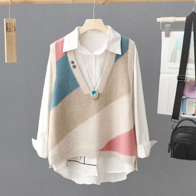 contrasting color V-neck knitted sweater for women's Spring Autumn new outerwear pullover loose slimming sweater vest top