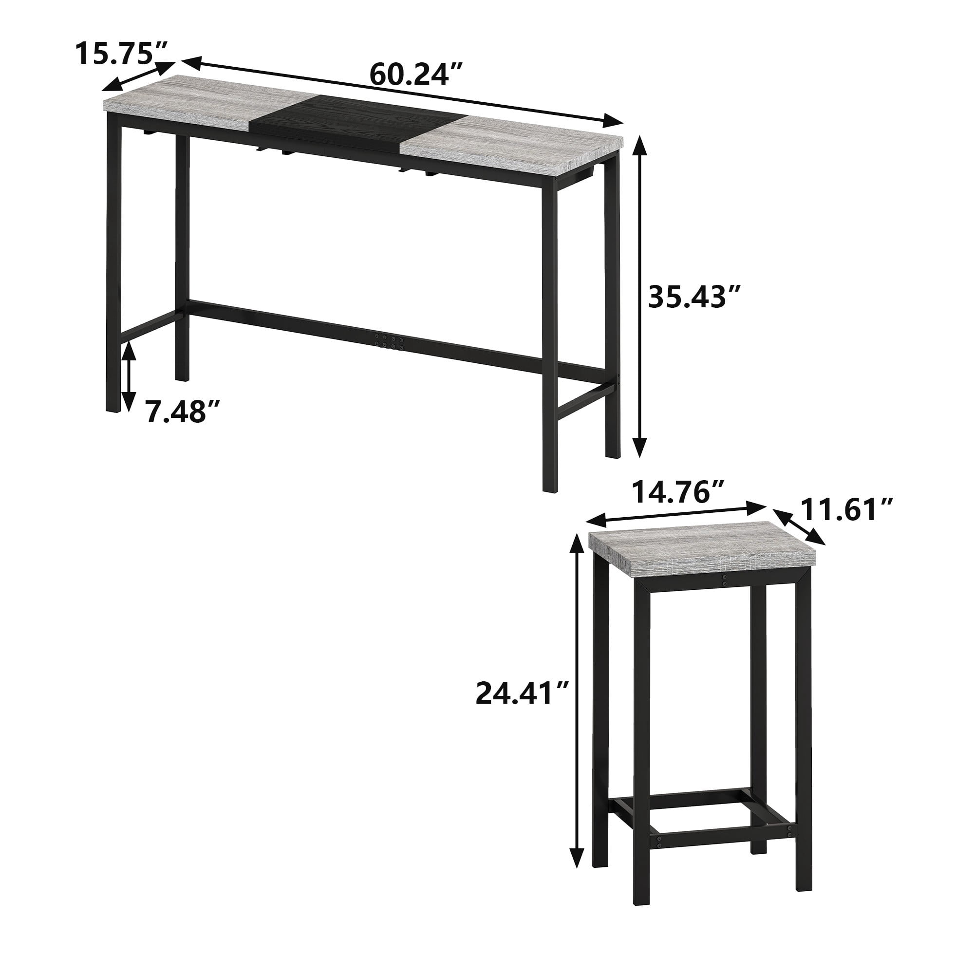 BSHTI 60.24" MDF Dining Room Table Set with Metal Frame, 3 Stools, Space-Saving Hanging Design for Kitchen（Natural+ Gray）