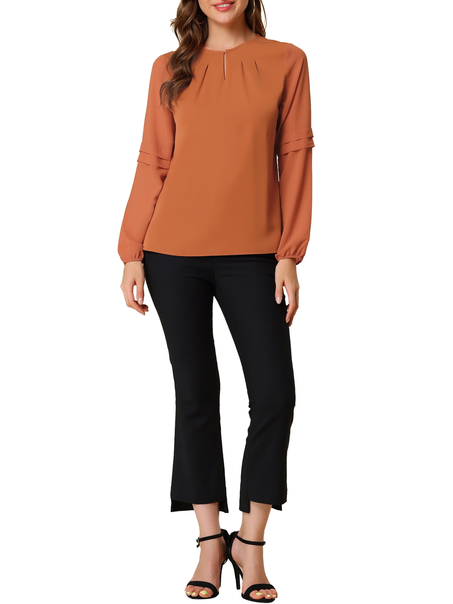 DARING DIVA Chiffon Semi Sheer Long Sleeves Keyhole Neck Blouse S Orange