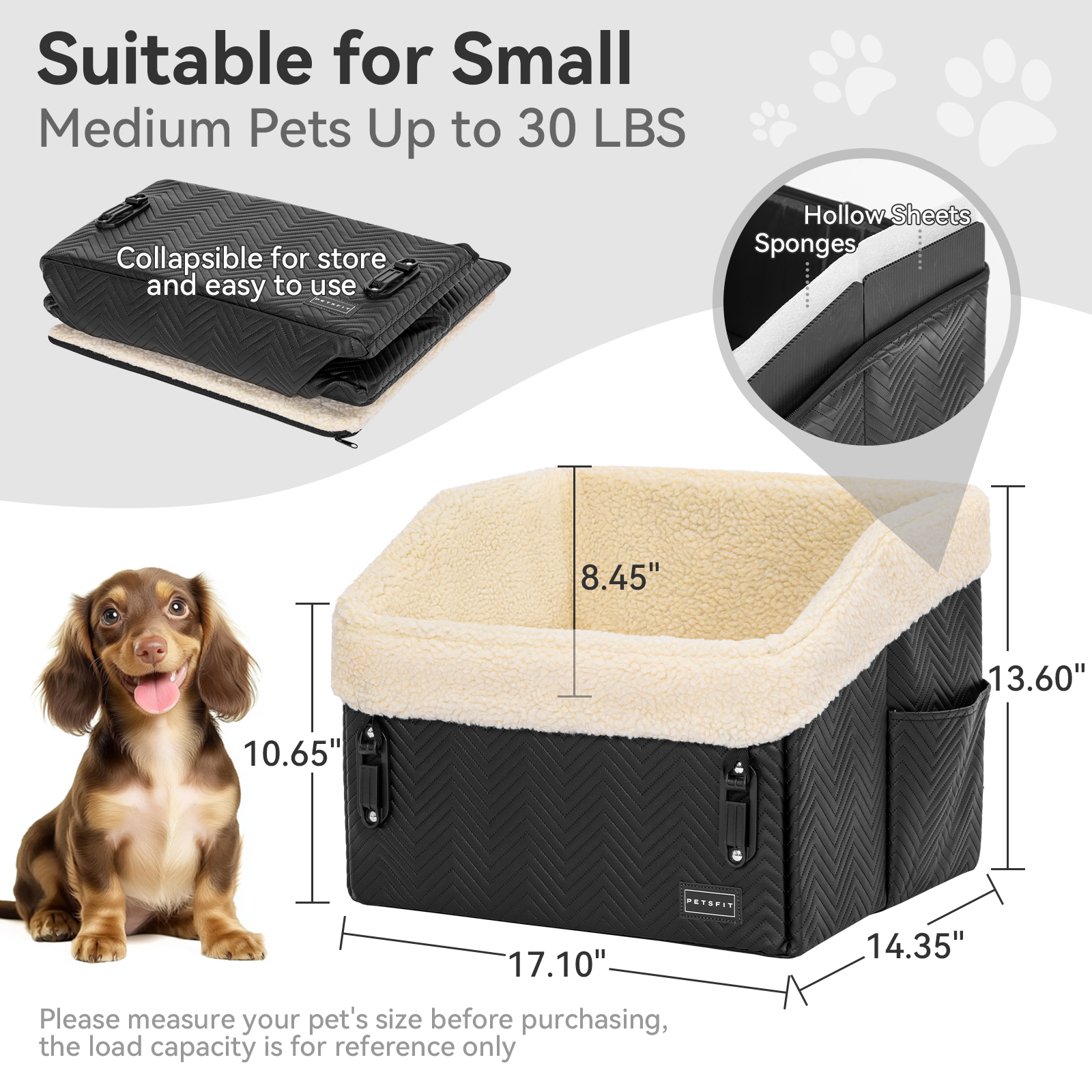 PETSFIT Small Dog Car Seat,Waterproof PU Leather Booster Seat for Small Dogs,Patent Safe Buckles, 30 lb Limit, Black