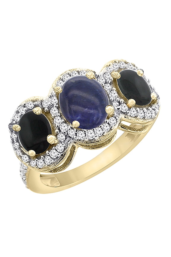 14K Yellow Gold Natural Lapis & Black Onyx 3-Stone Ring Oval Diamond Accent, size 8