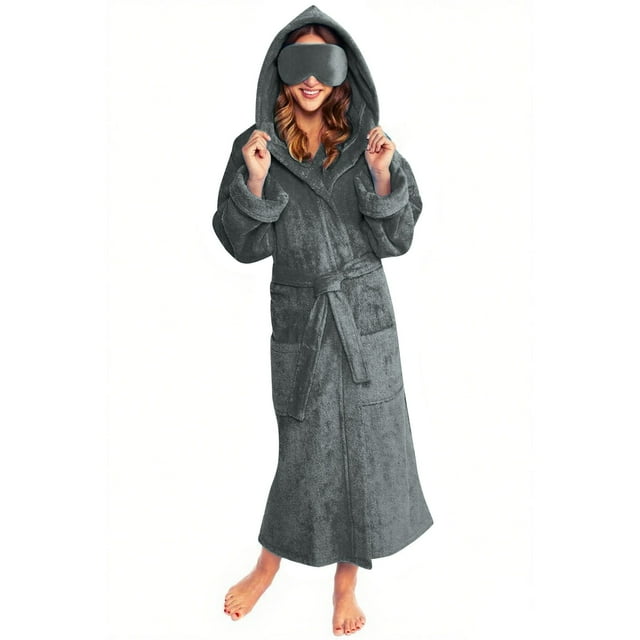 Women's Plush Hooded Fleece Bathrobe with Pockets and Eye Mask Winter Warm Fuzzy Flannel Robe Spa Kimono Full Length Shower Robe Soft Nightgown